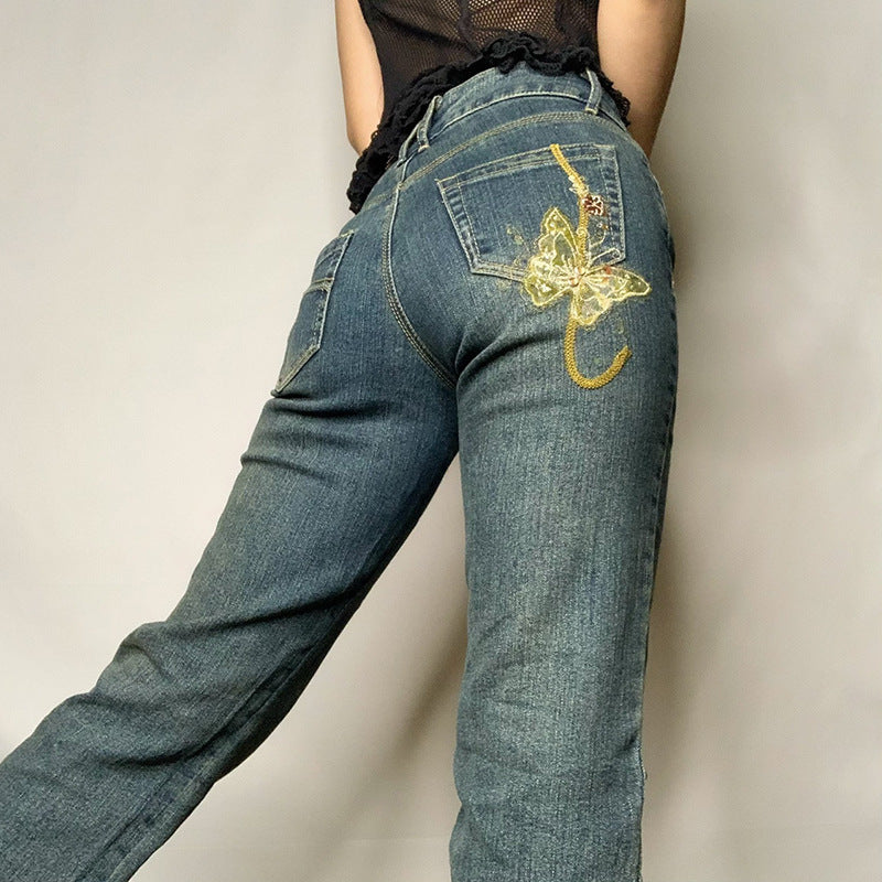 Women's Classic Denim Pants Butterfly Print High Waisted Denim